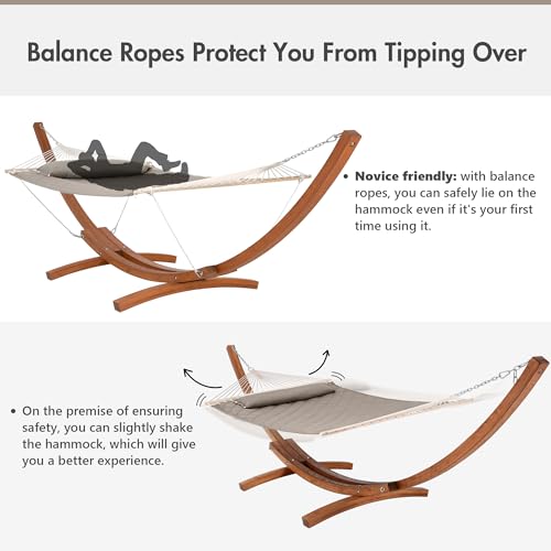ANOW 13.5FT Curved Wooden Stand with Quilted Hammock, Heavy Duty Larch Wood Arc Stand with 2 Chains, 4 Balance Ropes and 4 Carabiners, Includes Light Brown Hammock with Spreader Bars - color: Light Brown-quilted