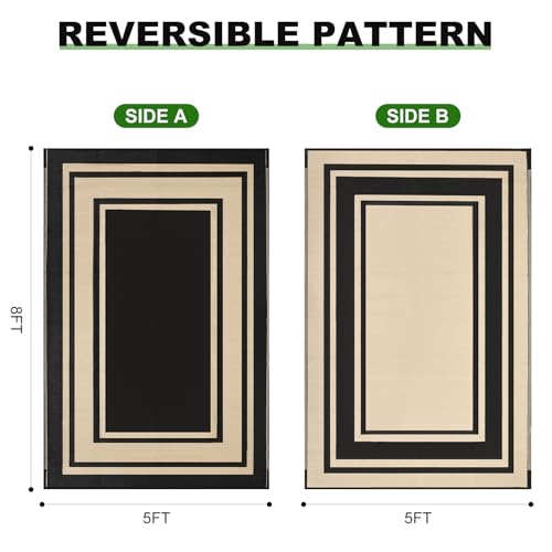 RURALITY Outdoor Rugs 5x8 Waterproof for Patios Clearance,Plastic Straw Mats for Backyard,Porch,Deck,Balcony,Reversible,Black and Beige - color: Panel-black&beige, size: 5' x 8' (Rectangular)