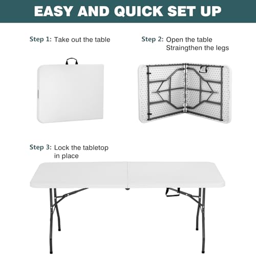 FDW 6 Foot Outdoor Dining Table, Foldable Portable Rectangular Plastic Folding Table with Built in Carrying Handle for Party and Wedding Use, White - color: White, size: 6 FT