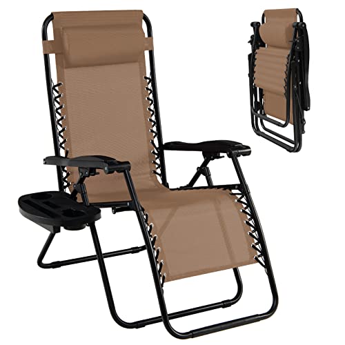 Goplus Zero Gravity Lounge Chairs, 160°Adjustable Folding Recliner w/Pillow and Cup Holder, 350LBS Comfy Outdoor Lounge Chairs for Patio, Lawn, Yard & Camp(1, Beige) - color: Beige, size: 35.4" x 25.2" x 43.3" (Set of 1)