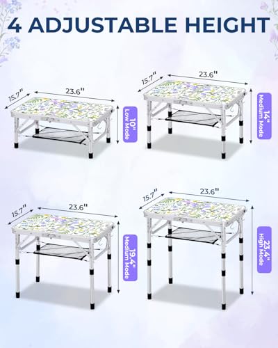 Sportneer Camping Table:Small Folding Table Portable Table 23.6" L X 15.7" W 4 Height with Mesh Layer- Adjustable Height Outdoor Table for Hiking Travel Picnic BBQ Cooking - color: Purple, size: 23.6"L x 15.7"W (4 Height)
