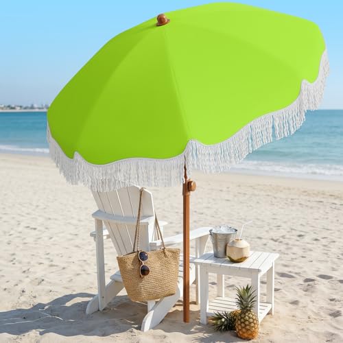 AreShark 7ft Patio Umbrella with Fringe, UPF50+ Beach Umbrella for Table, Pool & Garden, Portable Outdoor Tassels Umbrella w/Fiberglass Ribs&Push Bottom Tilt(Apple Green) - color: Apple Green, size: 7FT