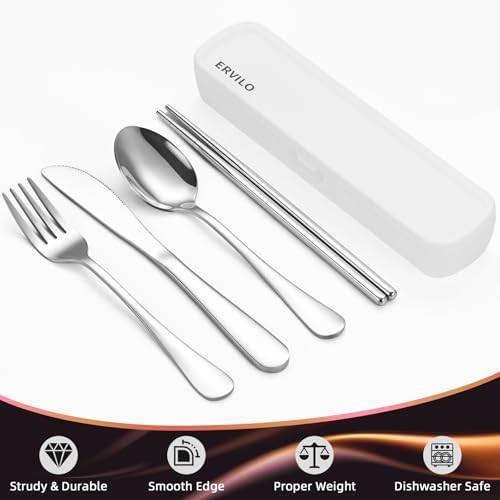 Travel Utensils with Case, Stainless Steel Camping Cutlery Set, Reinforced Case with Snap-Lock Closure, Include Fork Spoon Knife Chopsticks, Portable Lunch Box Silverware for Picnic Office, Silver - color: Silver