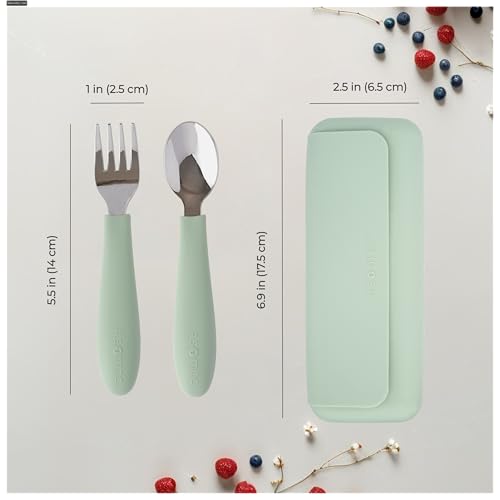 ASOMIC Premium 316 Stainless Steel Toddler Utensils with Silicone Handles & Travel Case, Kids Spoon & Fork Set for Toddler Self Feeding at Daycare, Preschool & School, BPA-Free, Dishwasher Safe - color: Sage