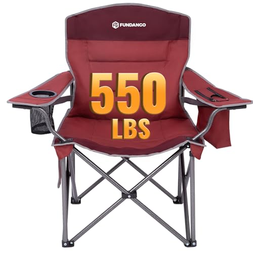 FUNDANGO Oversized Camping Chairs for Adults, Heavy Duty Fold Up Sports Games Lawn Chairs, Extra Wide Big Man Outdoor Chairs with Padded Lumbar Support Backrest, Bag Included for Camp, Outside, Beach - color: Red/Grey With Lumber Support 1 Pack