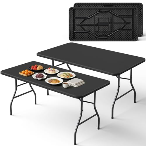 5ft Folding Table 2 Pack, Heavy Duty Plastic Card Table with Foldable Steel Legs, Metal Frame Support up to 500 lb, Portable for Indoor, Outdoor, Picnic, Camping, Dining, Party, Black - color: Black, size: 5FT-2pack