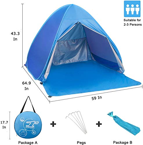 Pop Up Beach Tent Shade Sun Shelter UPF 50+ Canopy Cabana 2-3 Person for Adults Baby Kids Outdoor Activities Camping Fishing Hiking Picnic Touring (Blue) - color: Blue
