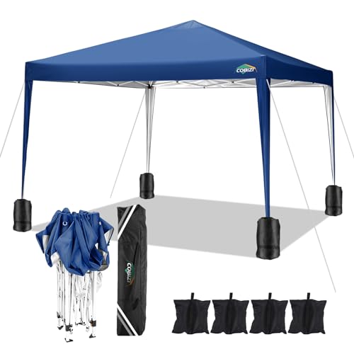 COBIZI 10x10 Pop Up Canopy Tent with 4 Sandbags, Easy Set Up Gazebo, Instant Outdoor Sun Shade &Waterproof Canopy with 8 Stakes,4 Ropes&Carry Bag, Tents for Parties, Beach, Backyard,Camping(Navy Blue - color: Navy Blue, size: 10x10FT without sidewall
