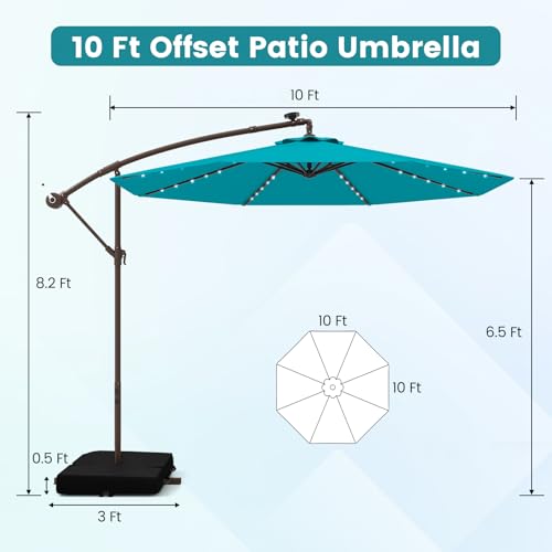 Tangkula 10FT Offset Patio Umbrella with Base Included, Outdoor Cantilever Umbrella with 40 Solar LED Lights, Tilt Adjustment, Crank Handle, Vented Top, Sand Bags for Pool Yard Deck (Turquoise) - color: Turquoise