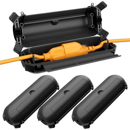 Restmo 4 Pack Mini IP44 Waterproof Outdoor Connection Box with Lockable Latches and Mounting Holes, Weatherproof Extension Cord Safety Cover for Outdoor Plugs, Lights, Cables, Wires, Size Small, Black - color: Black, size: 4 Pack