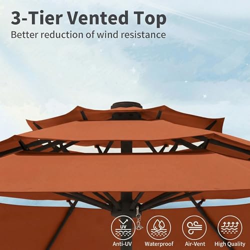 10FT Patio Umbrella 3 Tiers Outdoor Market Umbrella w/Push Button Tilt, Crank, UV and Waterproof Table Umbrella for Garden, Pool, Backyard, Deck, Lawn, Terracotta - color: Terracotta