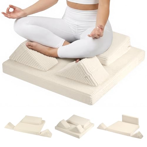 Meditation Cushion Set, Meditation Pillow for Sitting on Floor, Large Yoga Pillow with Knee Support, Washable Zafu Meditation Mat, 3 Shapes Floor Pillow for Adults, Beige - color: Beige