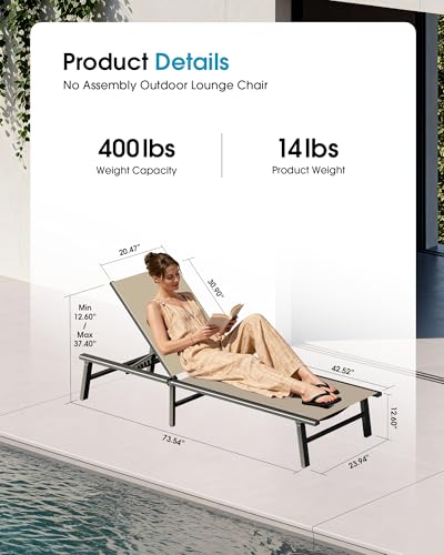 Ciokea Foldable Outdoor Lounge Chair, No Assembly Patio Chaise Lounge Outdoor with 5-Positions, Aluminum Pool Lounge Chair with Portable Design for Pool, Beach, Deck, Backyard, Khaki - color: Khaki-upgraded, size: 1 Pack