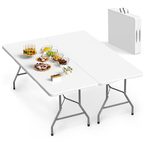 VSOAEIL Set of 2 6 Foot Folding Table for Indoor Outdoor, Portable Heavy Duty Fold-in-Half Utility Plastic Foldable Dining Table with Carrying Handle for Picnic, Camping and Party, 2 Pack White - color: White, size: 6 FT - 2 PACK