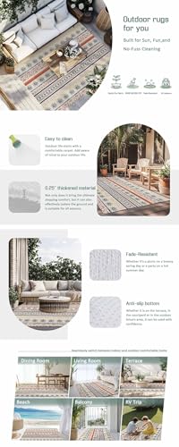 Outdoor Rug 5x7ft, Boho Stripe Retro Ethnic Style Indoor Area Rug for Patio Large Floor Mat, Indian Sketch Sun Art Abstract Line Non-Slip Outside Carpet Balcony Porch Camping Rugs Picnic Mat - size: 5' x 7' (Rectangular)
