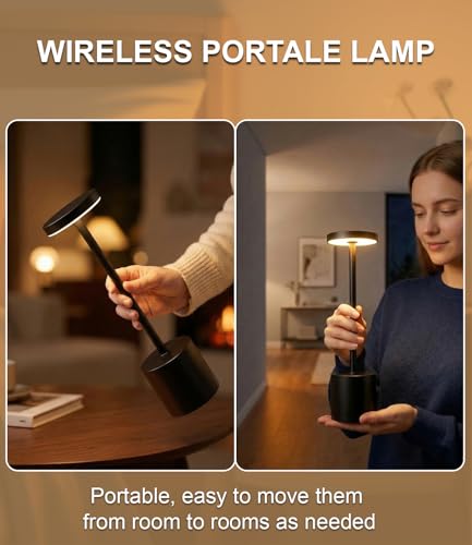 Swinerton Black Cordless Table Lamp, Rechargeable 5000mAh Battery Powered Wireless Table Light, 3 Color Dimmable Lighting, Patio Outdoor Table Lamp, Bedside Night Lamp, Ambient Light for Dining - color: Black