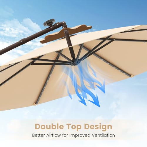 Tangkula 10FT Offset Patio Umbrella with Base Included, Outdoor Cantilever Umbrella with 40 Solar LED Lights, Tilt Adjustment, Crank Handle, Vented Top, Sand Bags for Pool Yard Deck (Beige) - color: Beige