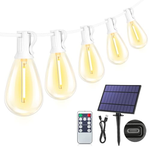 25FT Solar String Lights with Remote, 3 Lighting Mode Outdoor Waterproof Dimmable Patio Lights String with 10+1 Shatterproof S11 LED Bulbs for Backyard-White - color: White