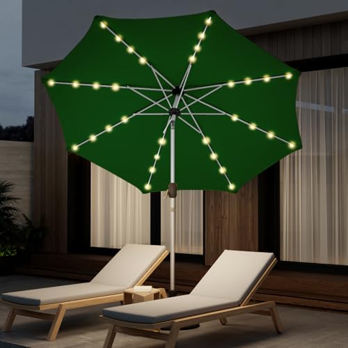 10FT 40-LED Solar Lighted Aluminum Patio Umbrella, Fade-Resistant Outdoor Market Table Umbrella with Push Button Tilt Function, 8 Sturdy All-Aluminum Ribs for Gardens, Decks, Backyards & Pools - color: Green, size: 10FT 40LED-1Tier (Aluminum Umbrella)