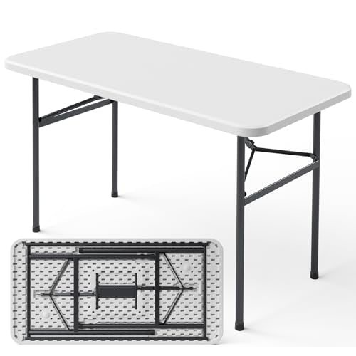 4ft Folding Table, Heavy Duty Plastic Card Table with Foldable Steel Legs, Metal Frame Support up to 400 lb, Portable for Indoor, Outdoor, Picnic, Camping, Dining, Party, White - color: White, size: 4FT