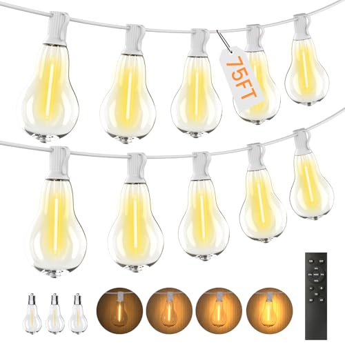 Outdoor String Lights 75FT LED Patio Lights 53 Plastic Edison Bulbs (3 Spare) with Remote Waterproof Patio Lights, Dimmable Outside Hanging Light Connectable for Porch Backyard, White - color: White, size: Remote Control Model -75ft-50t