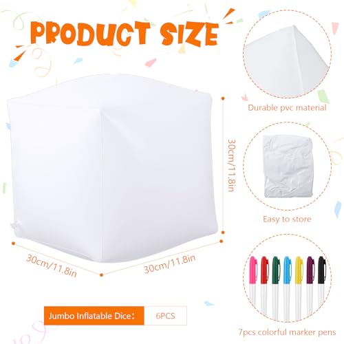 Silipull 6 Pcs Jumbo Inflatable Dice 11.8 Inch DIY Blank Giant Inflatable Jumbo Dice PVC Reusable Toy with 7 Pcs Colorful Marker Pens or Write for Indoor Outdoor Game Activity Pool Party
