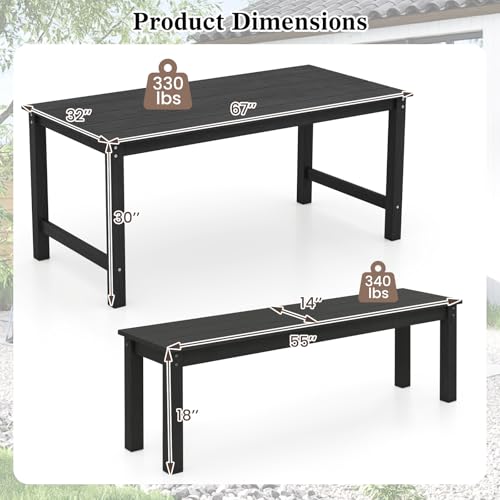 Tangkula 3 Pieces Outdoor HDPE Dining Table Set with 2 Benches, Weather Resistant Patio Furniture Set with 1.77” Umbrella Hole and Wood-Like Surface for Garden, Backyard and Poolside (Black, 3 Pcs) - color: Black, size: 3 Pcs