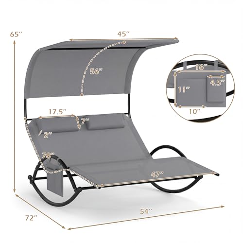 HAPPYGRILL Outdoor Chaise Lounge Rocker, 2-Person Rocking Daybed Sun Lounger with Sun Shade Canopy & Headrest Pillows, Hammock Bed Loveseat with Heavy-Duty Metal Frame for Patio, Backyard, Poolside
