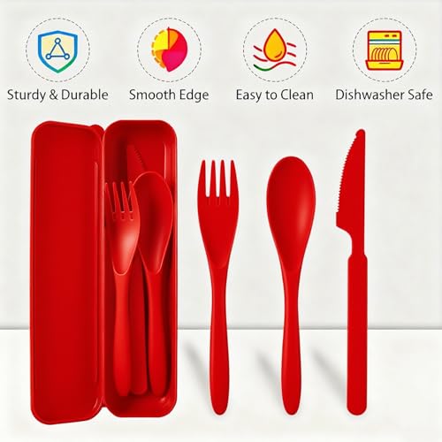 Travel Utensils Set - Reusable 5 Sets Wheat Straw Plastic Cutlery with Case, Portable Forks Spoons and Knives Set, Eco-Friendly BPA Free for Daily Use (Grey,Red,Dark Green,Pink,Purple) - color: Grey,Red,Dark Green,Pink,Purple