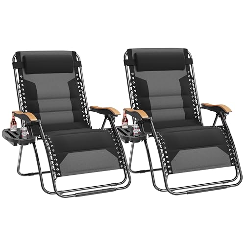 PHI VILLA XXL Oversized Padded Zero Gravity Chair Set of 2, Foldable Patio Recliner, 30" Wide Seat Anti Gravity Lounger with Armrest and Cup Holder, Support 400 LBS (Black) - color: Black, style: 2 Pcs