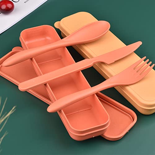 2 Sets Reusable Utensil Set with Case, Portable Camping Fork Knife Spoon Set, Wheat Straw Travel Utensils for Lunch Box, for School Work Lunch or Daily Use (Yellow, Orange) - color: Yellow, Orange