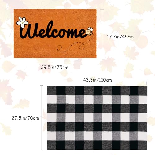 2 Pcs Non-Slip Artificial Coir Door Mat Set with Welcome & Bee Design, Layered Spring Decor for Farmhouse Front Porch Entryway, Seasonal Indoor/Outdoor Doormats