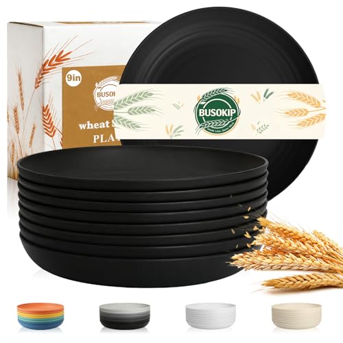 Dinner Plates 9 Inch, Wheat Straw Plates Set of 8, Alternatives to Plastic Plates Rusable, Unbreakable Serving Dishes, Microwave Safe Salad Plates for Breakfast, Lunch, Dinner - Black - color: Black, size: 9 inch