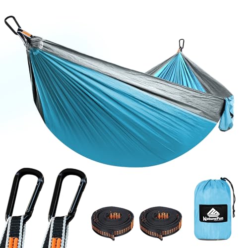 NATUREFUN Ultra-Light Travel Camping Hammock | 300kg Load Capacity,Breathable,Quick-Drying | 2 x Premium Carabiners,2 x Nylon Slings Included | Outdoor Indoor Garden - color: Azure/Grey, size: 275x140cm