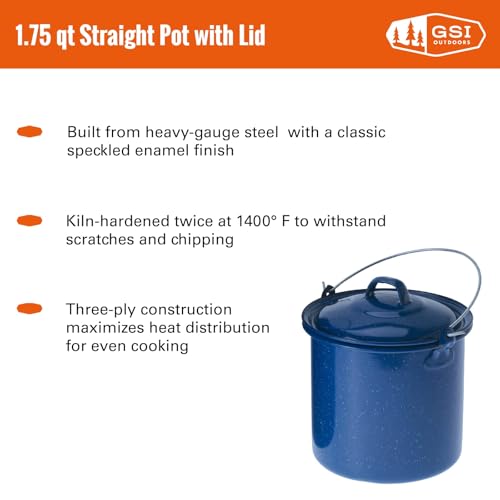 GSI Outdoors 1.75 qt Straight Pot w/Lid & Handle - Enamelware for Cooking Outdoors, Camping & Travel