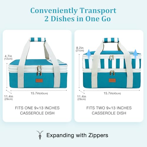 Expandable Casserole Carrier Bag - Double Decker Food Bag, Insulated Casserole Carrier for Hot or Cold Food, Lasagna Holder Tote for Picnics,Beaches,Traveling or Gifts - color: Green