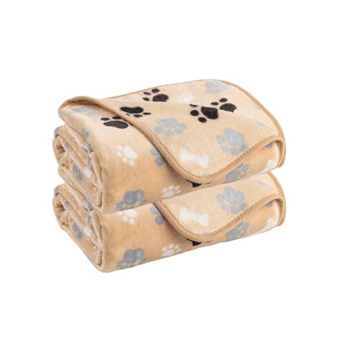 Dog Blanket Paw Bone Pattern 1 Pack 2 Super Soft Warm Flannel Sofa Cover Car Bed Protector, Urine Proof Washable Outdoor Pet Blanket for Puppy Large Dogs & Cats,60"*50" Beige - color: Beige|paw Bone, size: 60*50 inch (Pack of 2)