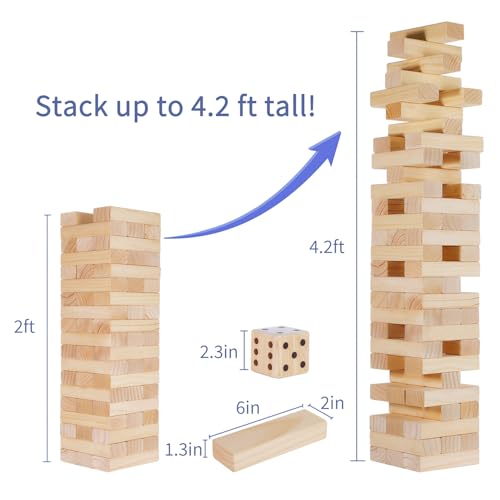SpeedArmis Giant Tumble Tower, 56 PCS Wooden Stacking Game (Stack to 4.2FT) - Pine Stack Timber Board Play with Carrying Bag - Classic Indoor/Outdoor Games for Adults Family - size: Stack To Over 4.2FT