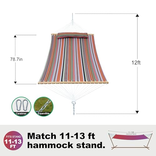 GAFETE Hammock 2 Person Quilted Fabric Hammocks for Outside, Double 12ft Hammocks with Spreader Bar, Large Removable Pillow, Storage Bag, Carabiners, Max 475 lbs Capacity (Sunset Red Stripe) - color: Sunset Red Stripe