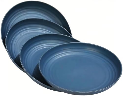4 Pcs Wheat Straw Dinner Plates, 7.8 Inch Unbreakable Reusable Plastic Plates, Microwave & Dishwasher Safe, Lightweight Salad Dishes for Kitchen Camping, BPA Free (Dark Blue) - color: Dark Blue