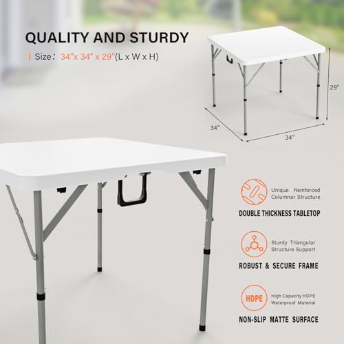 VINGLI 34" Fold in Half Square Table, Bi-Folding Commercial Portable Plastic Dining Table for Kitchen Outdoor Party Wedding Event, White - color: White, size: 34 Inches