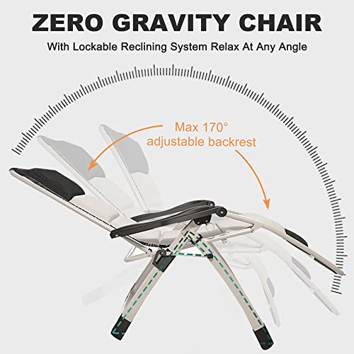 ABORON Padded Zero Gravity Chair,Premium Outdoor Lawn Folding Lounge Chairs,Sturdy Adjustable Reclining Patio Chairs with Headrest & Tray - color: Ivory White