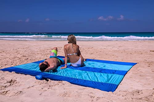 Extra Large Beach Blanket Waterproof Sandproof – XXL Oversized Beach Mat 10ft x 9ft Fits up to 8 Adults - Quick Dry Travel Blanket with 4 Stakes, Corner Pockets, Strap and Attached Bag - color: Riptide