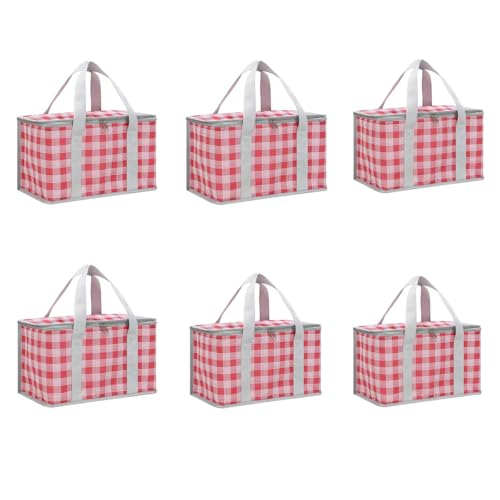 Set of 6 Foldable Insulated Picnic Bags, 14L Large Capacity Cooler Bag with Zippered Top, Reusable Thermal Beach Basket for Outdoor Travel Groceries (Red Checkered) - color: Red Checkered