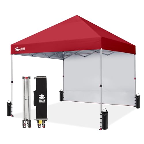 CROWN SHADES 8x8 Pop Up Canopy with 1 Side Wall - Beach Tent with One Push Setup - Outdoor Sun Shade for Events, Parties, Camping - Gazebo with STO-N-Go Cover Bag (Red) - color: Red, size: 8x8FT