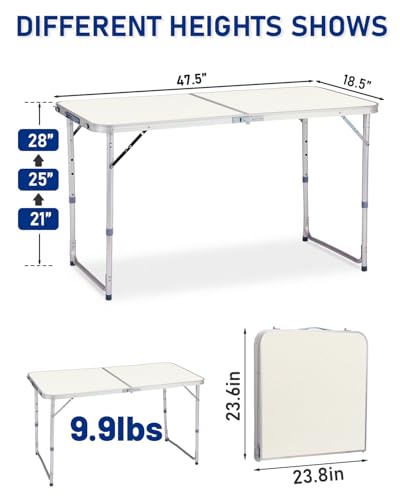 Outvita 4ft Portable Folding Camping Table, Outdoor Waterproof Adjustable Height Table, Aluminum Lightweight Suitcase Foldable Table for Picnic BBQ Beach Dining - color: Silver, size: 47*24*28