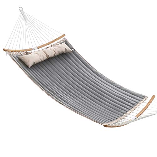 SONGMICS Hammock, Quilted Hammock with Curved Bamboo Spreaders, Pillow, 78.7 x 55.1 Inches, Portable Padded Hammock Holds up to 495 lb, Gray and Beige UGDC34CG - color: Gray + Beige