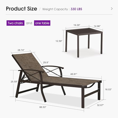 PURPLE LEAF Outdoor Oversized Chaise Lounge Chair Set of 3 Patio Pool Lounger Aluminum Chairs with Side Table and Wheels Adjustable Tanning Recliner with Armrests for Outside Backyard Beach, Brown - color: Brown, size: Oversized Upgrade