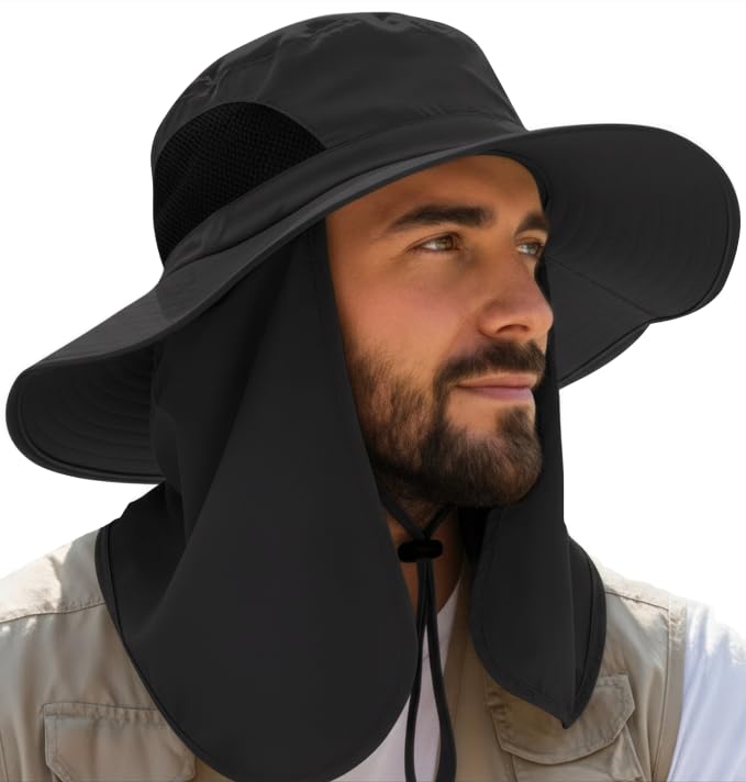 GearTOP Wide Brim Sun Hat for Men & Women, UPF 50+ Fishing Hat with Detachable Neck Flap & Face Cover Gardening Boonie Sunhat - color: Dark Grey