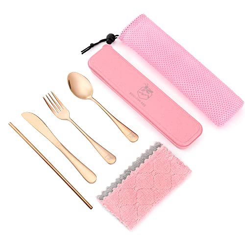 Boulder Bee Travel Utensils | Reusable Camping Cutlery | Stainless Steel Flatware | Portable Silverware Set with Case | Includes Knife/Fork/Spoon/Straw/Cleaning Cloth (Rose Gold) - color: Rose Gold